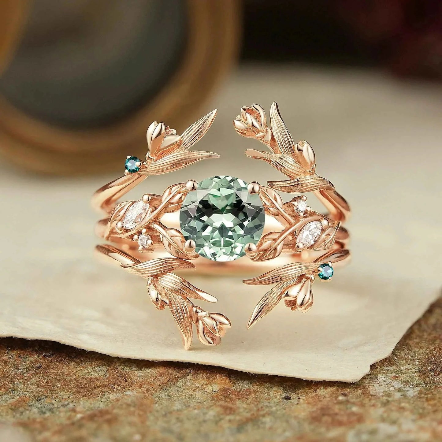 Green Sapphire Leaf And Flower Inspired Enhancer Bridal Ring Set