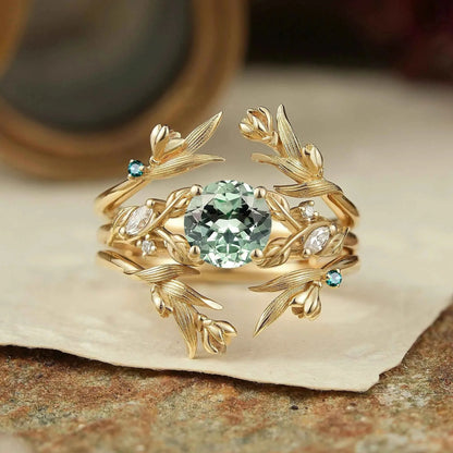 Green Sapphire Leaf And Flower Inspired Enhancer Bridal Ring Set