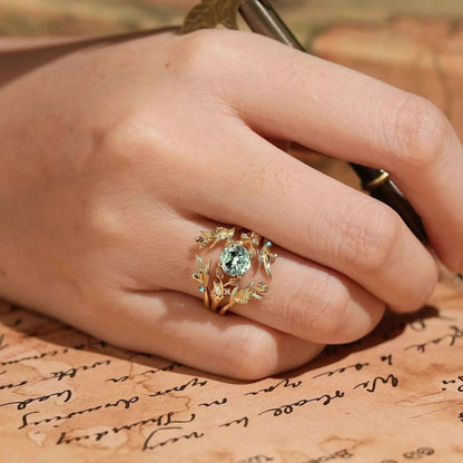 Green Sapphire Leaf And Flower Inspired Enhancer Bridal Ring Set