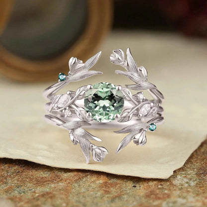 Green Sapphire Leaf And Flower Inspired Enhancer Bridal Ring Set