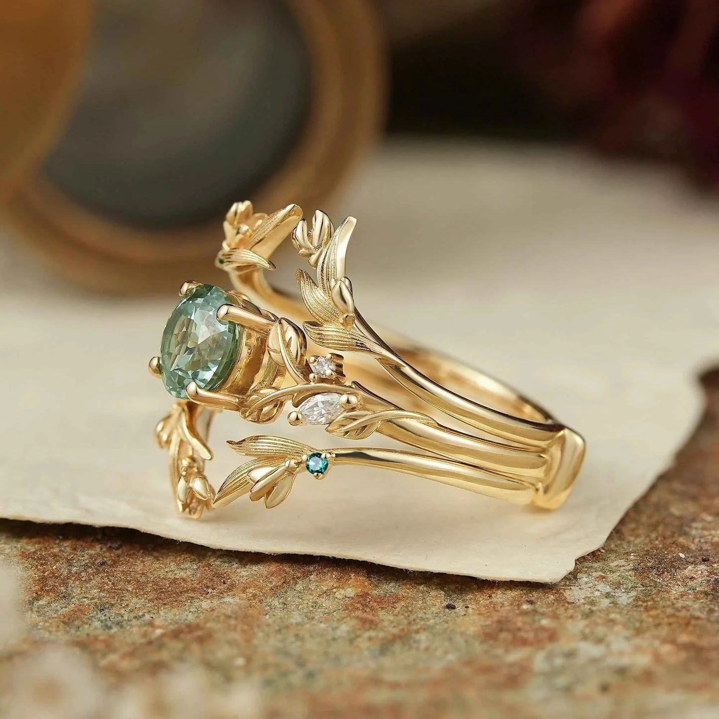 Green Sapphire Leaf And Flower Inspired Enhancer Bridal Ring Set