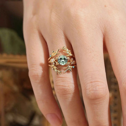 Green Sapphire Leaf And Flower Inspired Enhancer Bridal Ring Set