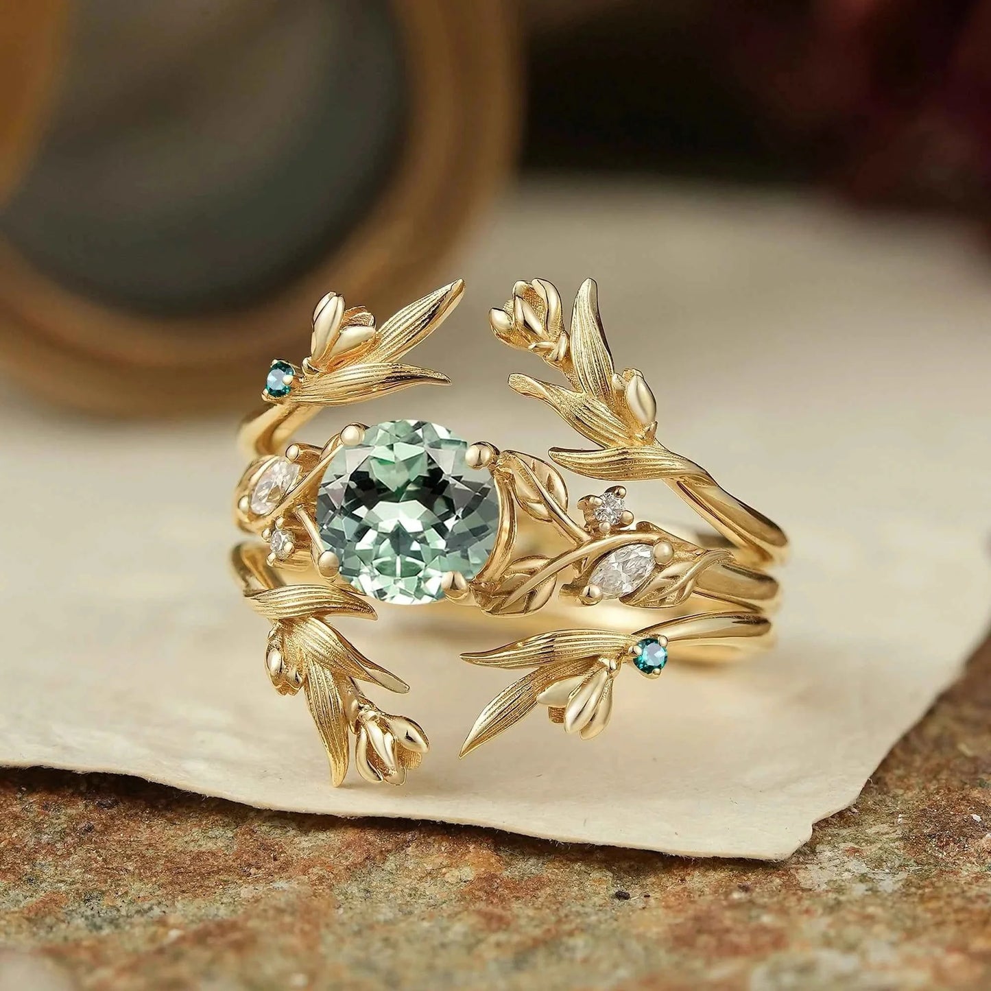 Green Sapphire Leaf And Flower Inspired Enhancer Bridal Ring Set