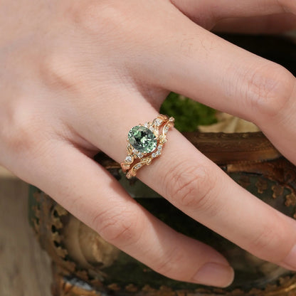 Green Sapphire Leafy Inspired Engagement Ring Set-Zenobia