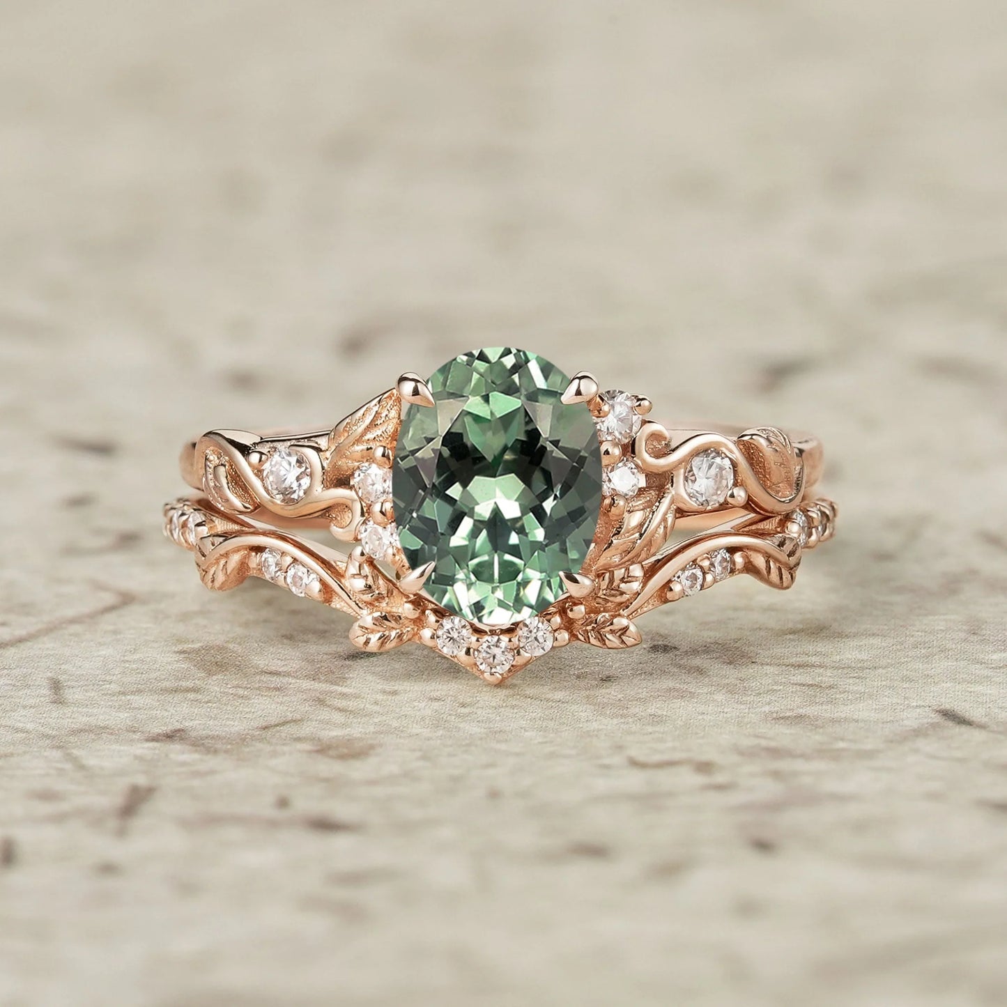 Green Sapphire Leafy Inspired Engagement Ring Set-Zenobia