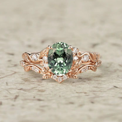 Green Sapphire Leafy Inspired Engagement Ring Set-Zenobia