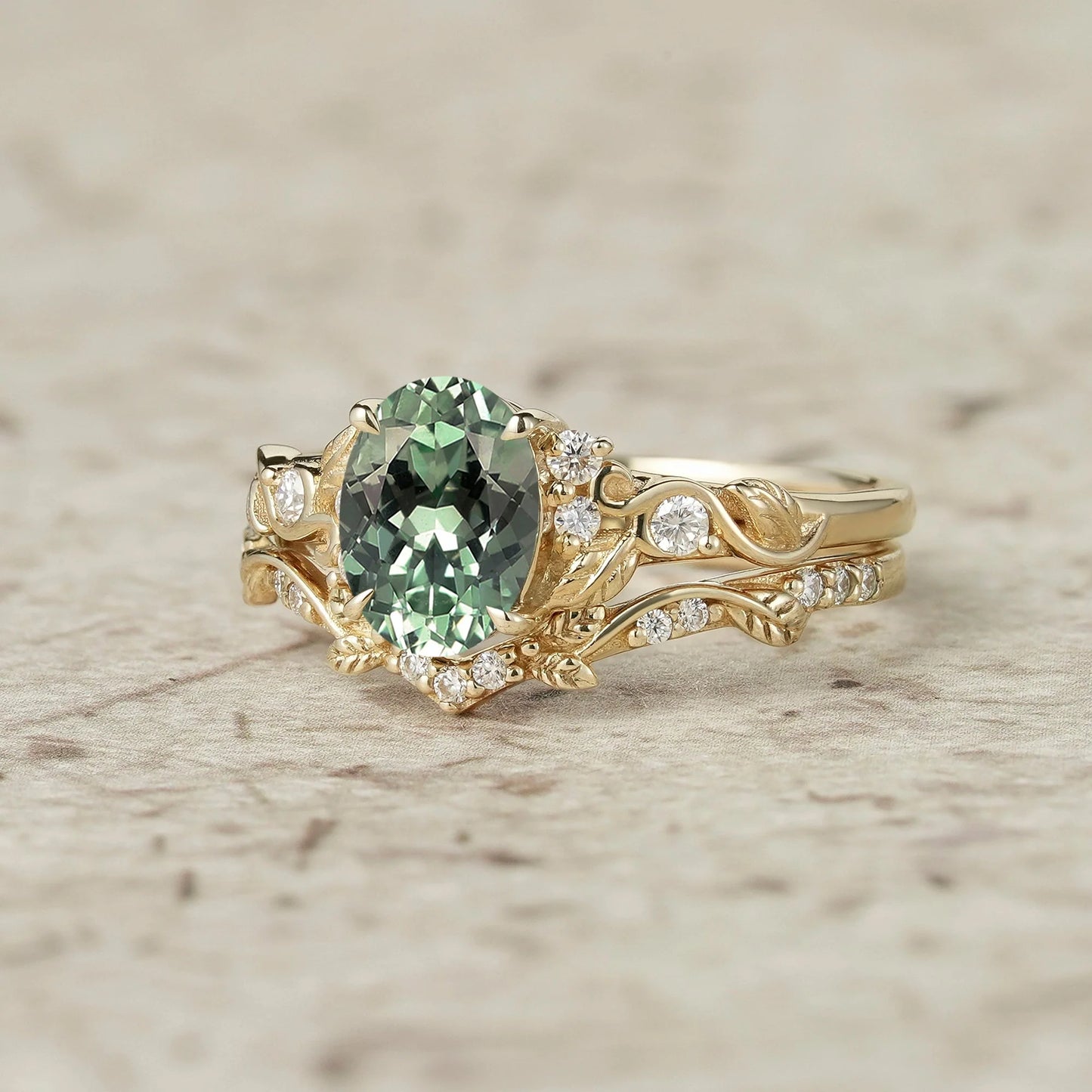 Green Sapphire Leafy Inspired Engagement Ring Set-Zenobia