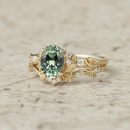 Green Sapphire Leafy Inspired Engagement Ring Set-Zenobia