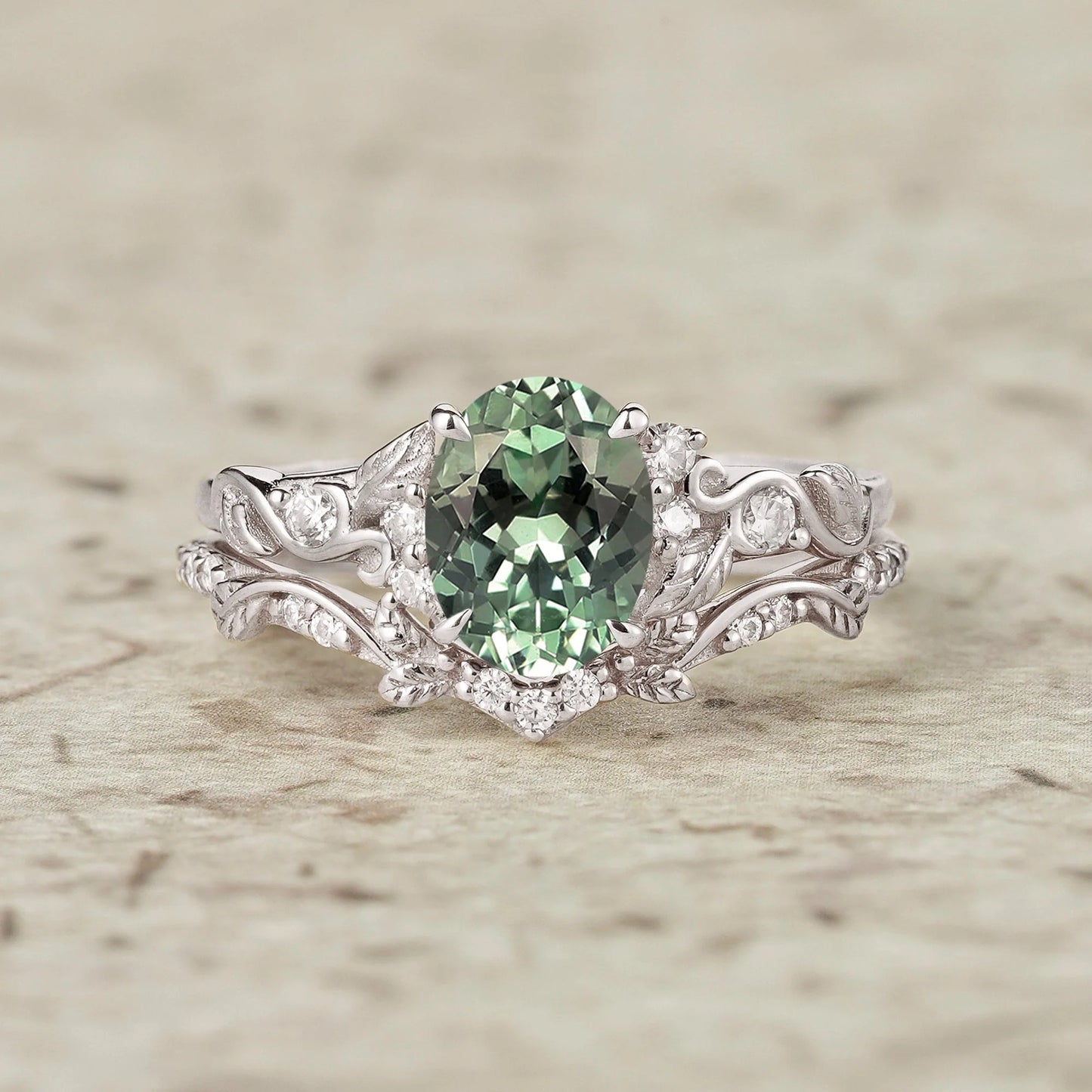 Green Sapphire Leafy Inspired Engagement Ring Set-Zenobia