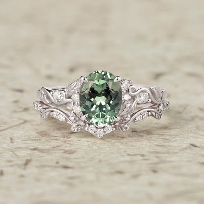 Green Sapphire Leafy Inspired Engagement Ring Set-Zenobia