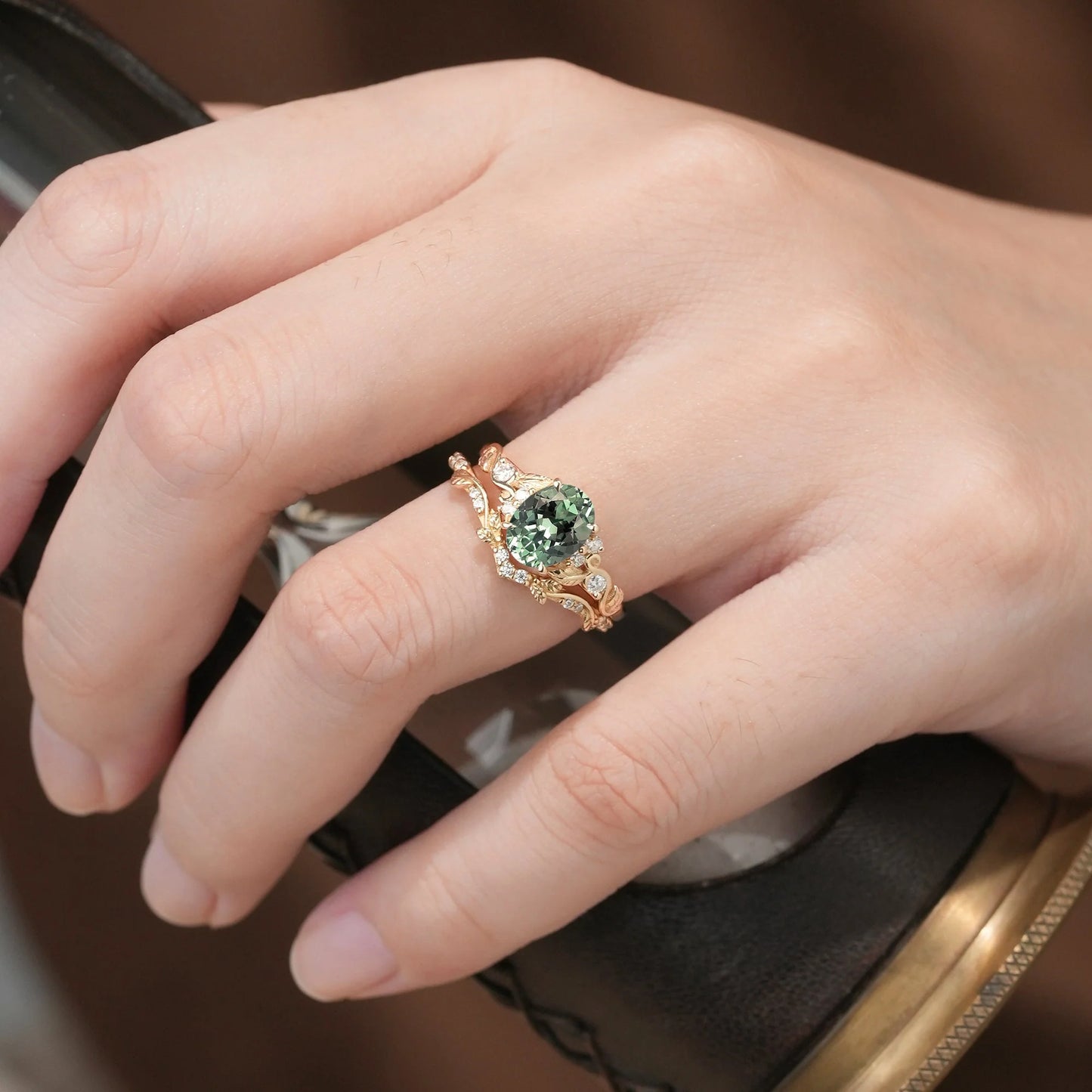 Green Sapphire Leafy Inspired Engagement Ring Set-Zenobia
