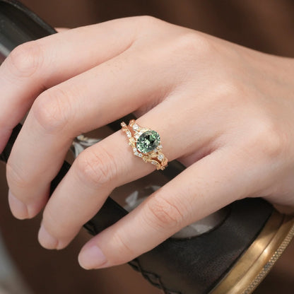 Green Sapphire Leafy Inspired Engagement Ring Set-Zenobia