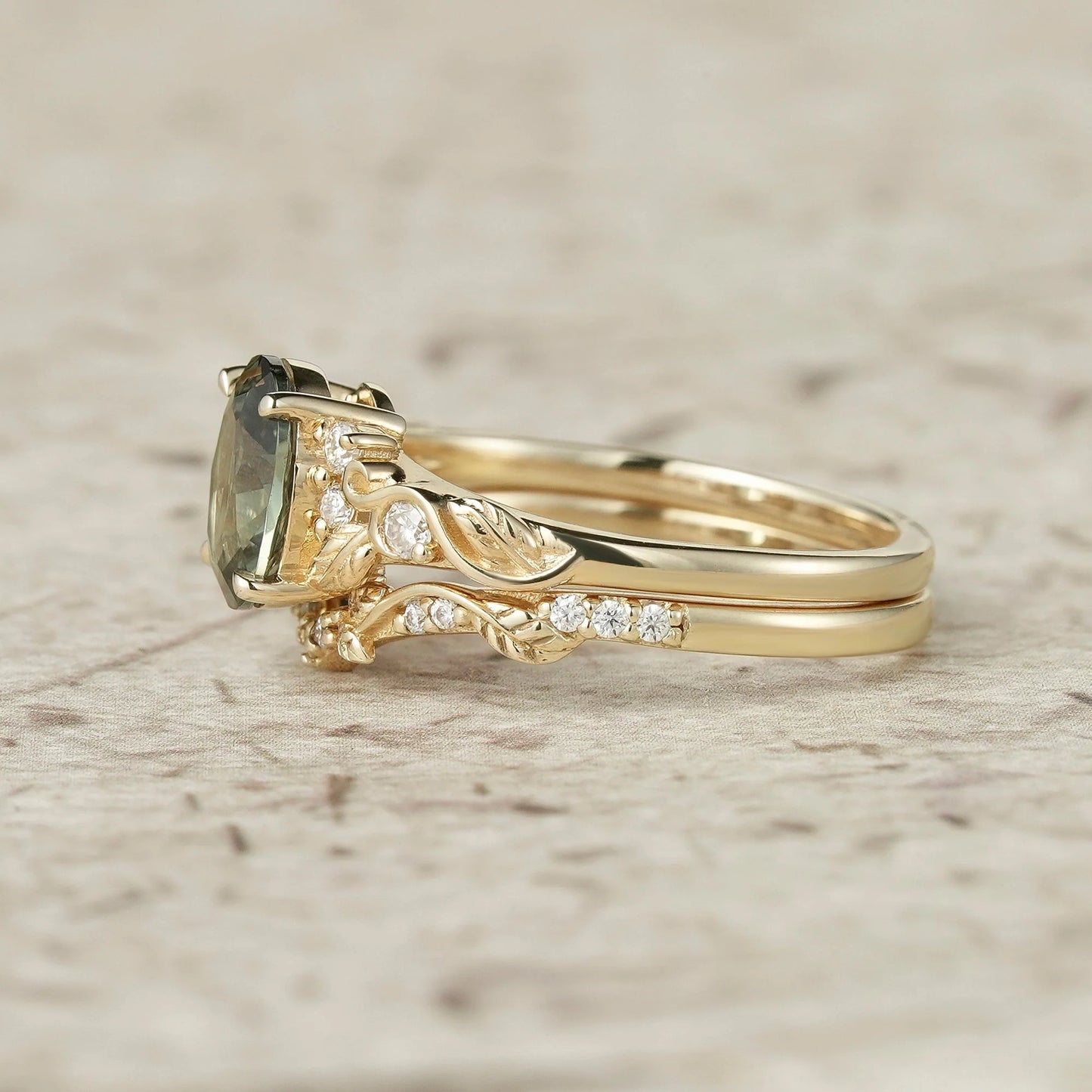 Green Sapphire Leafy Inspired Engagement Ring Set-Zenobia