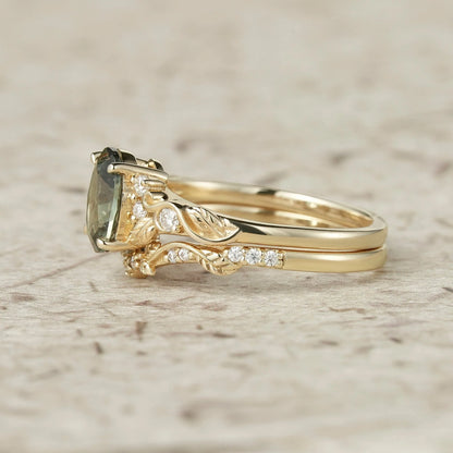 Green Sapphire Leafy Inspired Engagement Ring Set-Zenobia