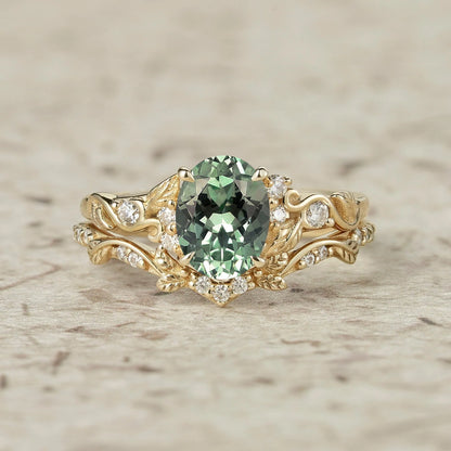 Green Sapphire Leafy Inspired Engagement Ring Set-Zenobia