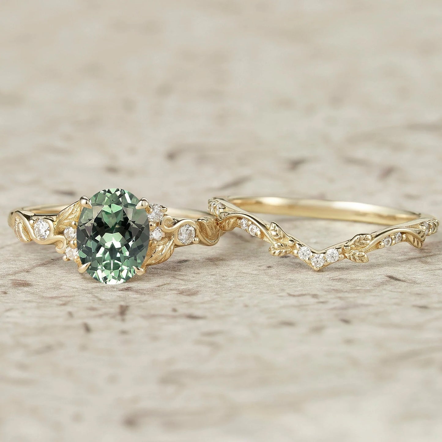Green Sapphire Leafy Inspired Engagement Ring Set-Zenobia