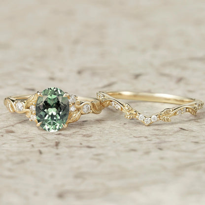 Green Sapphire Leafy Inspired Engagement Ring Set-Zenobia