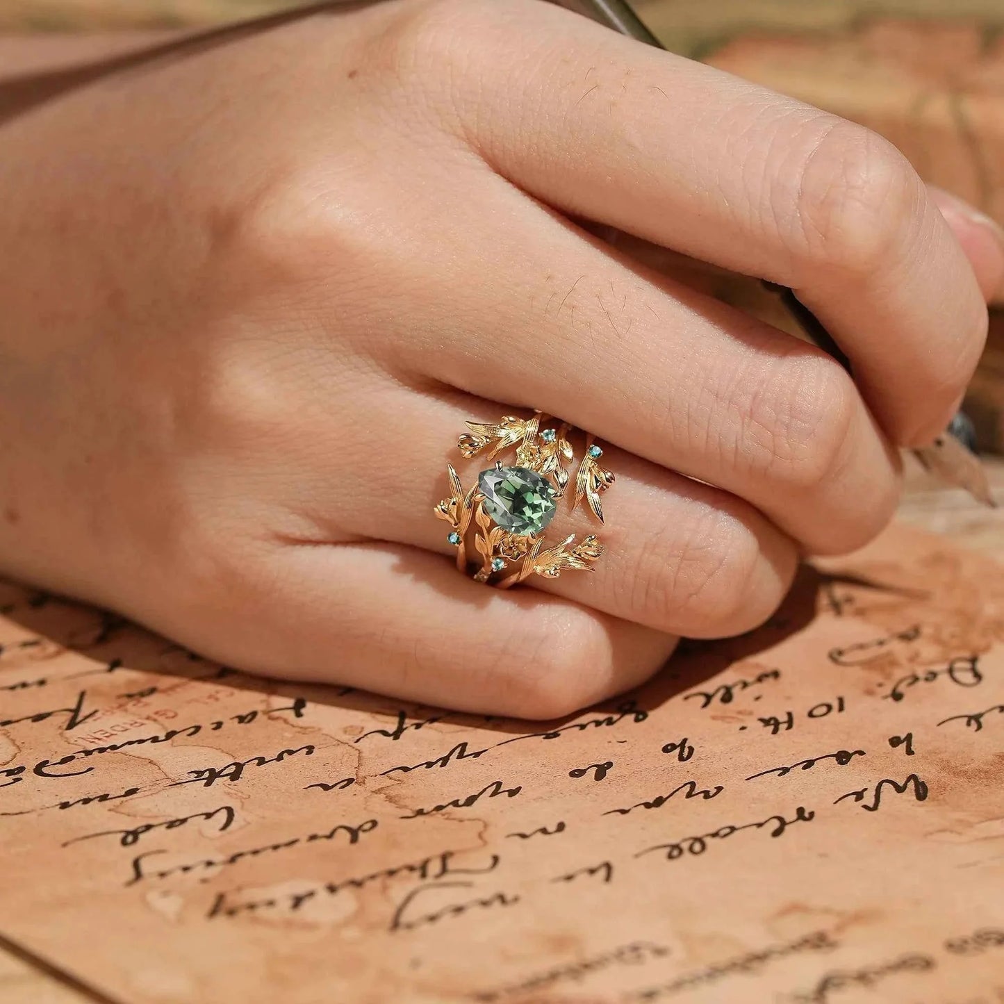 Green Sapphire Nature Inspired Ring Enhancer Bridal Ring Set