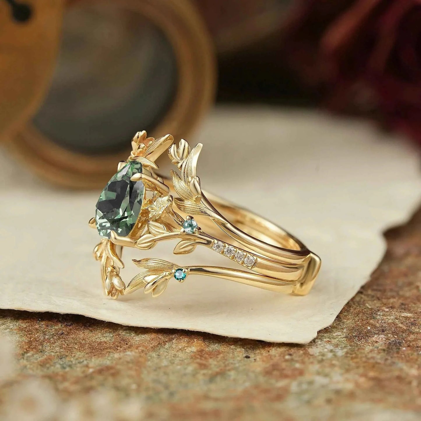Green Sapphire Nature Inspired Ring Enhancer Bridal Ring Set