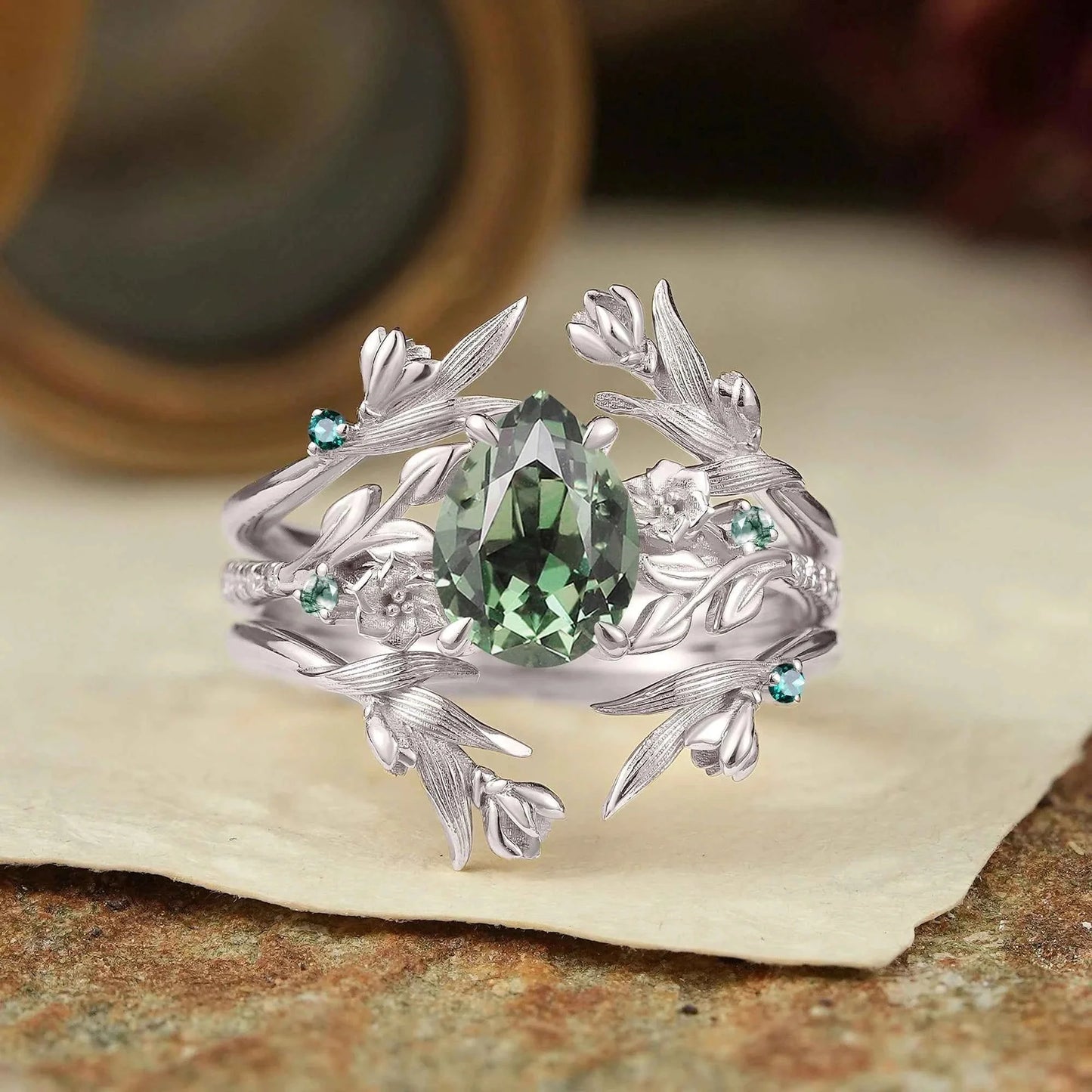 Green Sapphire Nature Inspired Ring Enhancer Bridal Ring Set