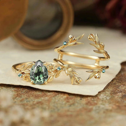 Green Sapphire Nature Inspired Ring Enhancer Bridal Ring Set