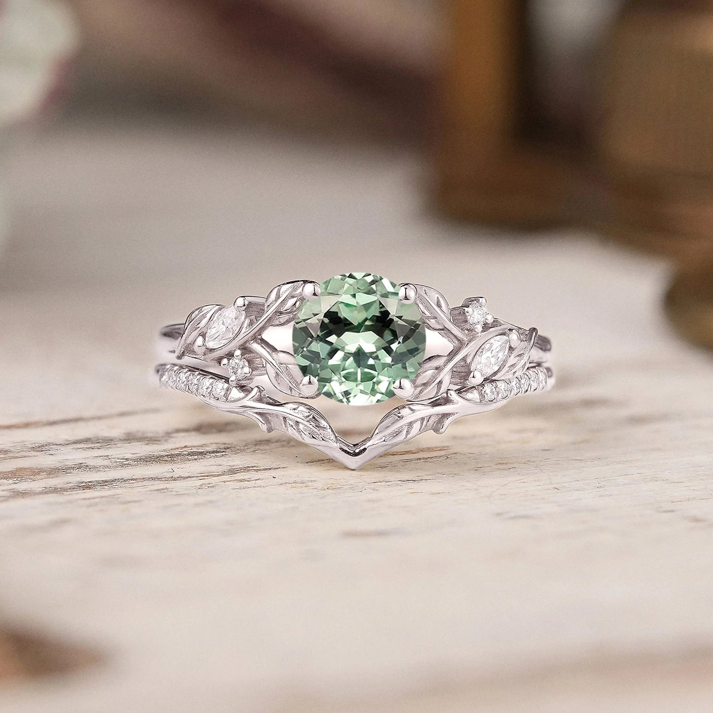 Green Sapphire Split Band Leaf Inspired Bridal Ring Set Elven Ring