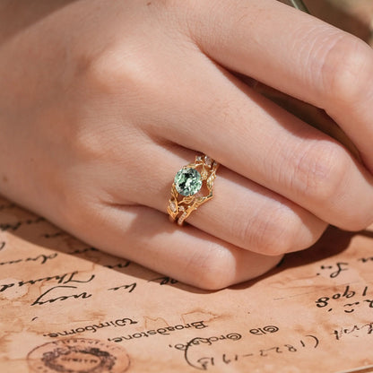 Green Sapphire Split Band Leaf Inspired Bridal Ring Set Elven Ring