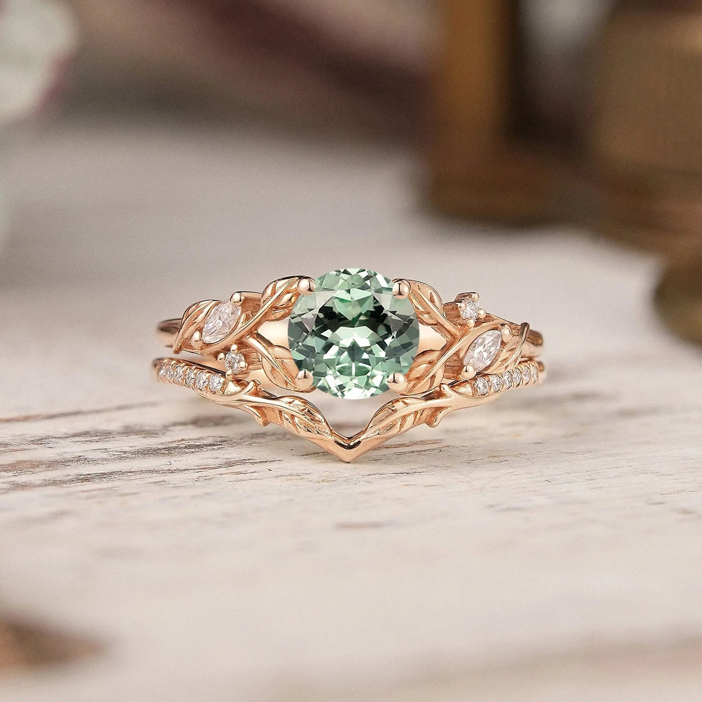 Green Sapphire Split Band Leaf Inspired Bridal Ring Set Elven Ring