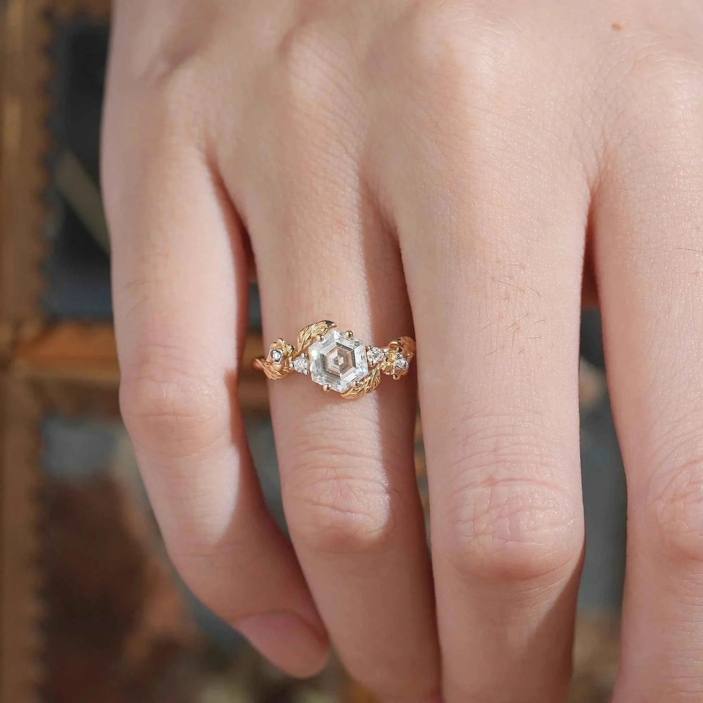 Hexagon Moissanite Mixed Metal Nature Inspired Engagement Ring