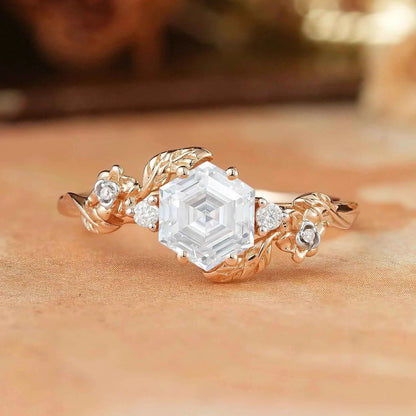 Hexagon Moissanite Mixed Metal Nature Inspired Engagement Ring