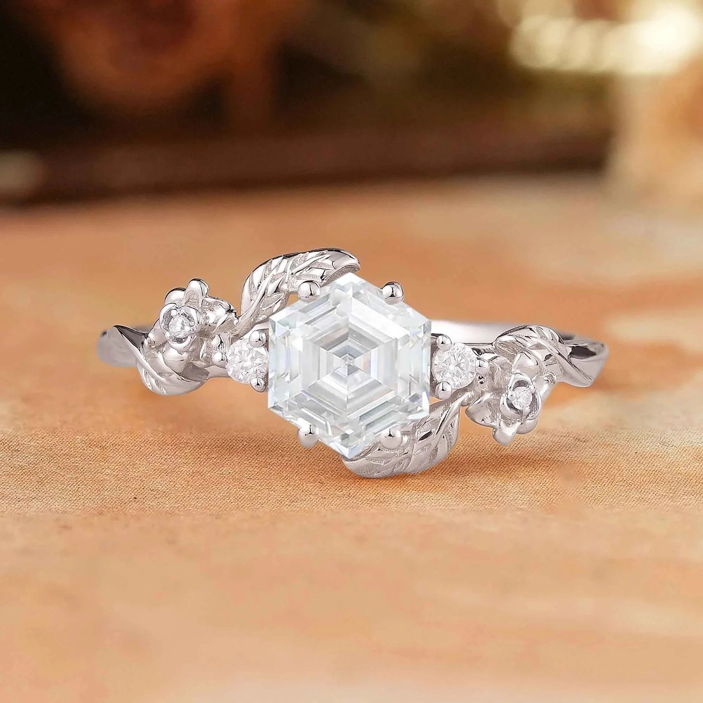 Hexagon Moissanite Mixed Metal Nature Inspired Engagement Ring