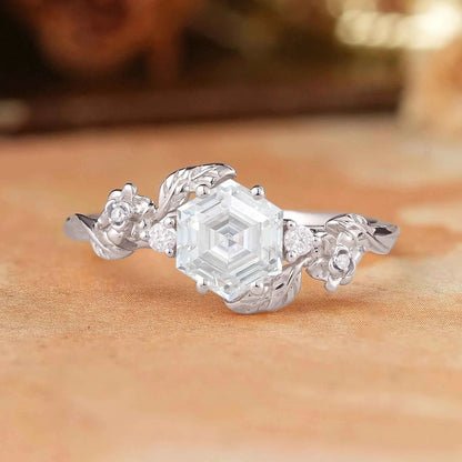 Hexagon Moissanite Mixed Metal Nature Inspired Engagement Ring
