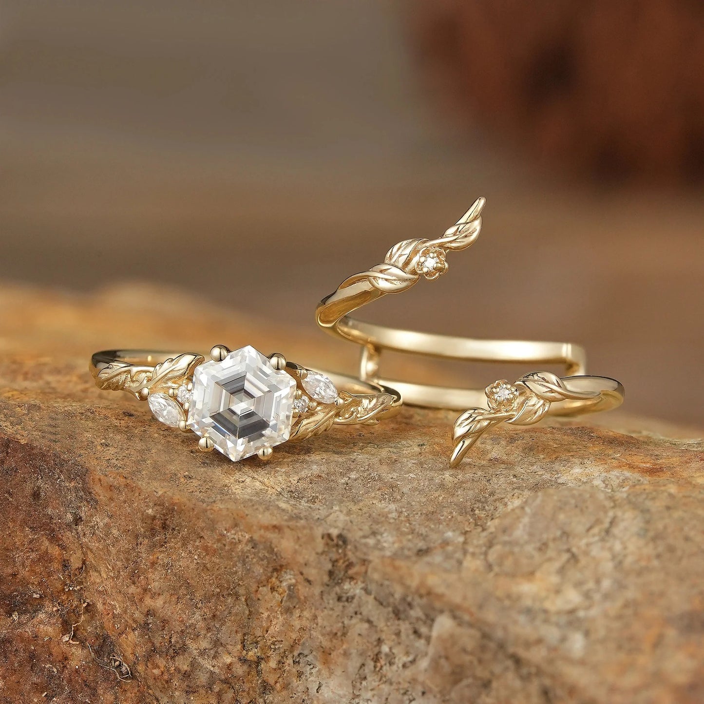 Hexagon Moissanite Vine Floral Enhancer Ring Set-Noor