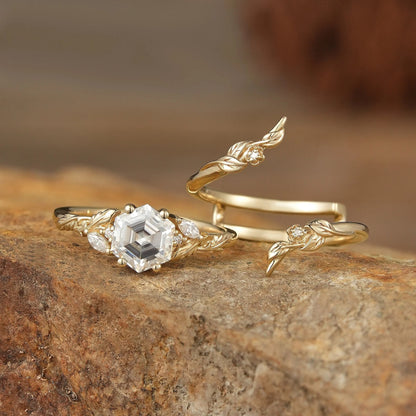 Hexagon Moissanite Vine Floral Enhancer Ring Set-Noor