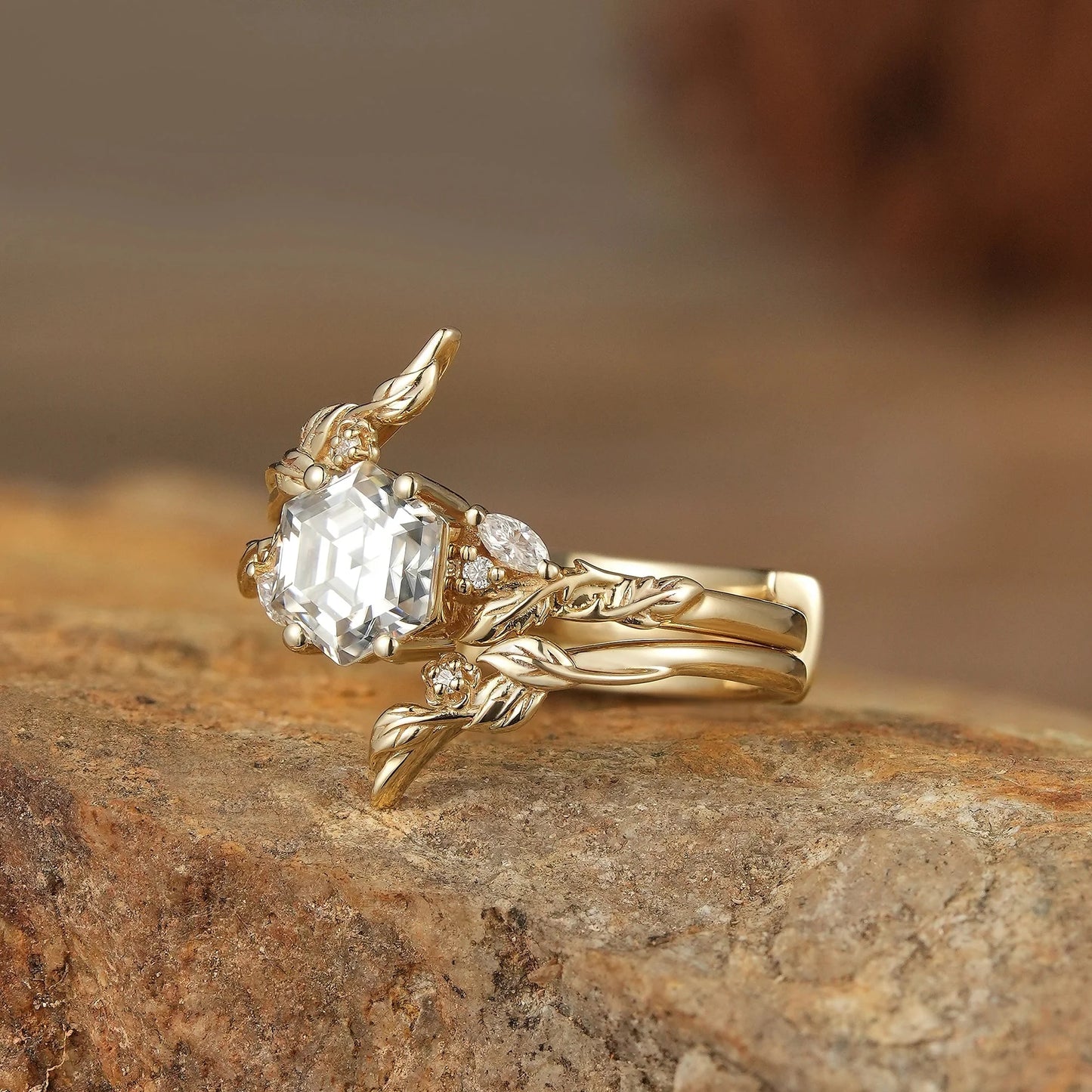 Hexagon Moissanite Vine Floral Enhancer Ring Set-Noor