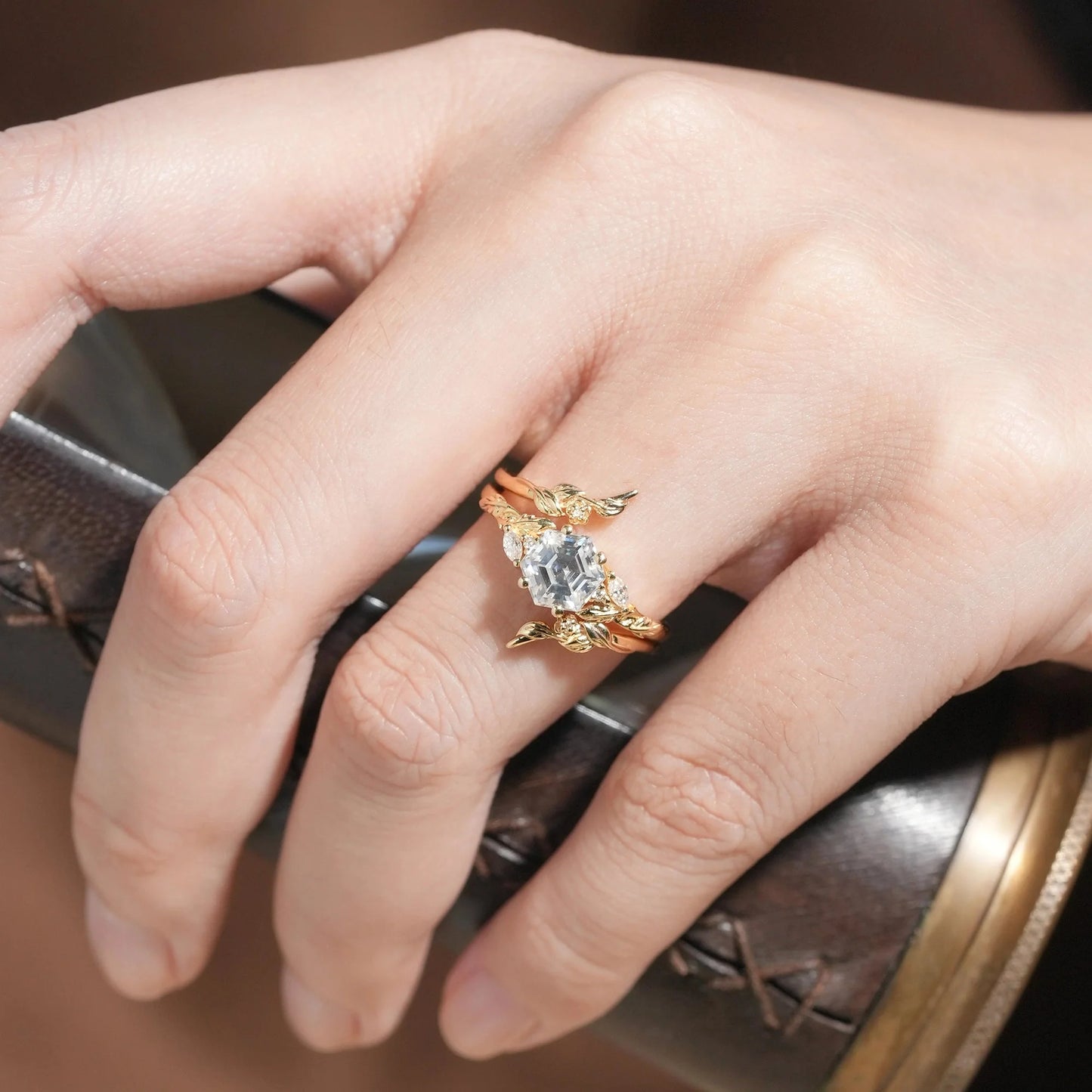 Hexagon Moissanite Vine Floral Enhancer Ring Set-Noor