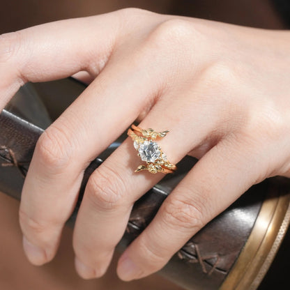 Hexagon Moissanite Vine Floral Enhancer Ring Set-Noor