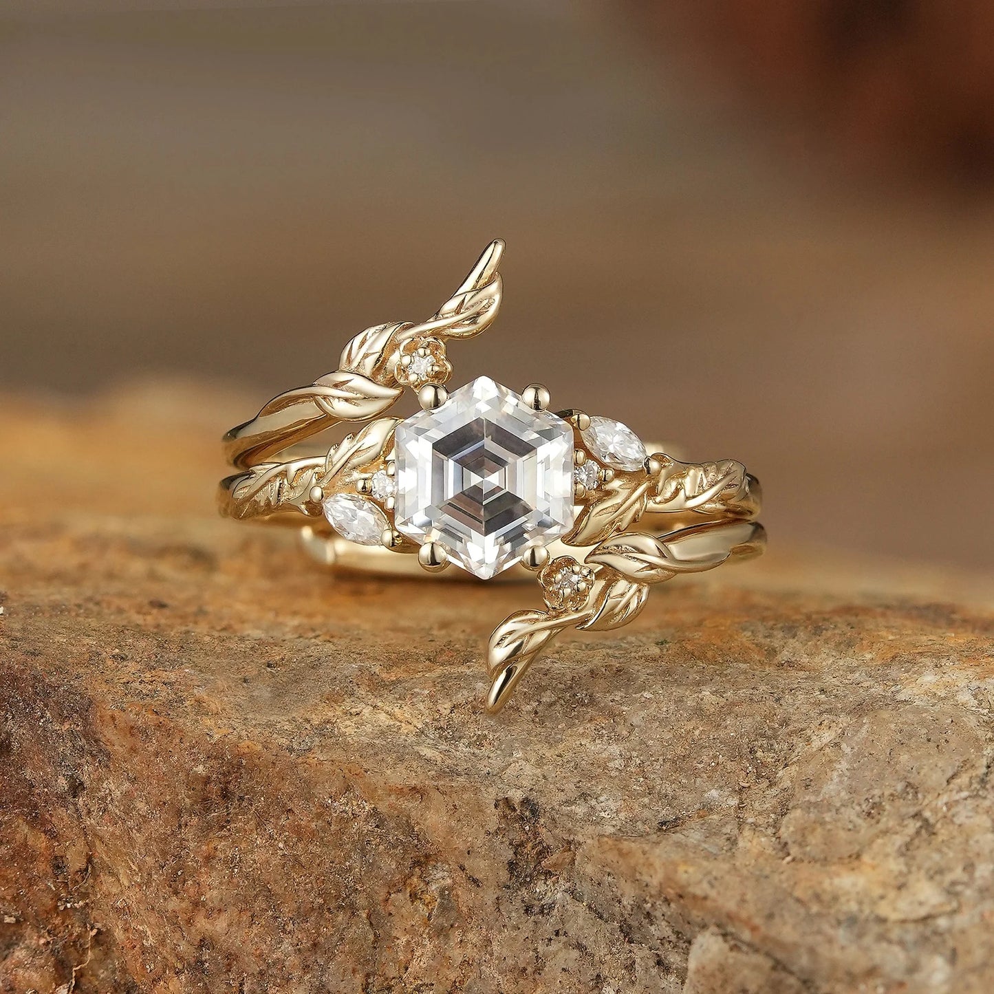Hexagon Moissanite Vine Floral Enhancer Ring Set-Noor