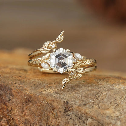 Hexagon Moissanite Vine Floral Enhancer Ring Set-Noor