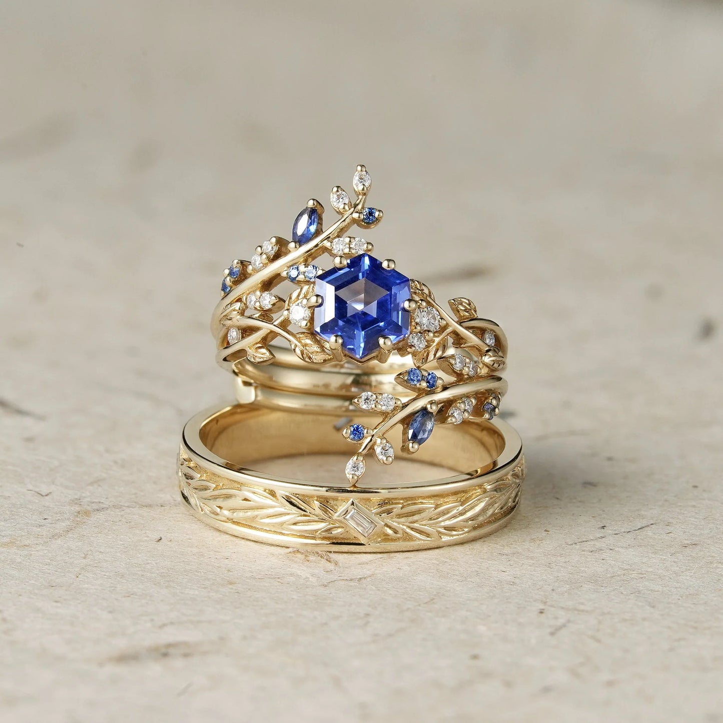 Hexagon Sapphire Vine Ring and Baguette cut moissanite Men's Band - Cherished Moments