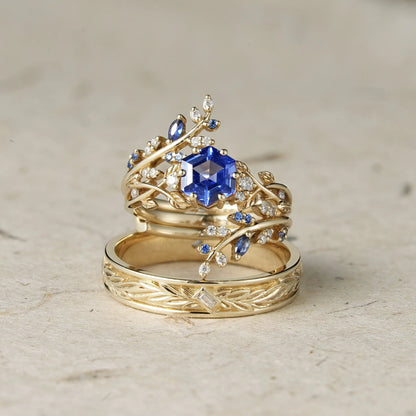 Hexagon Sapphire Vine Ring and Baguette cut moissanite Men's Band - Cherished Moments
