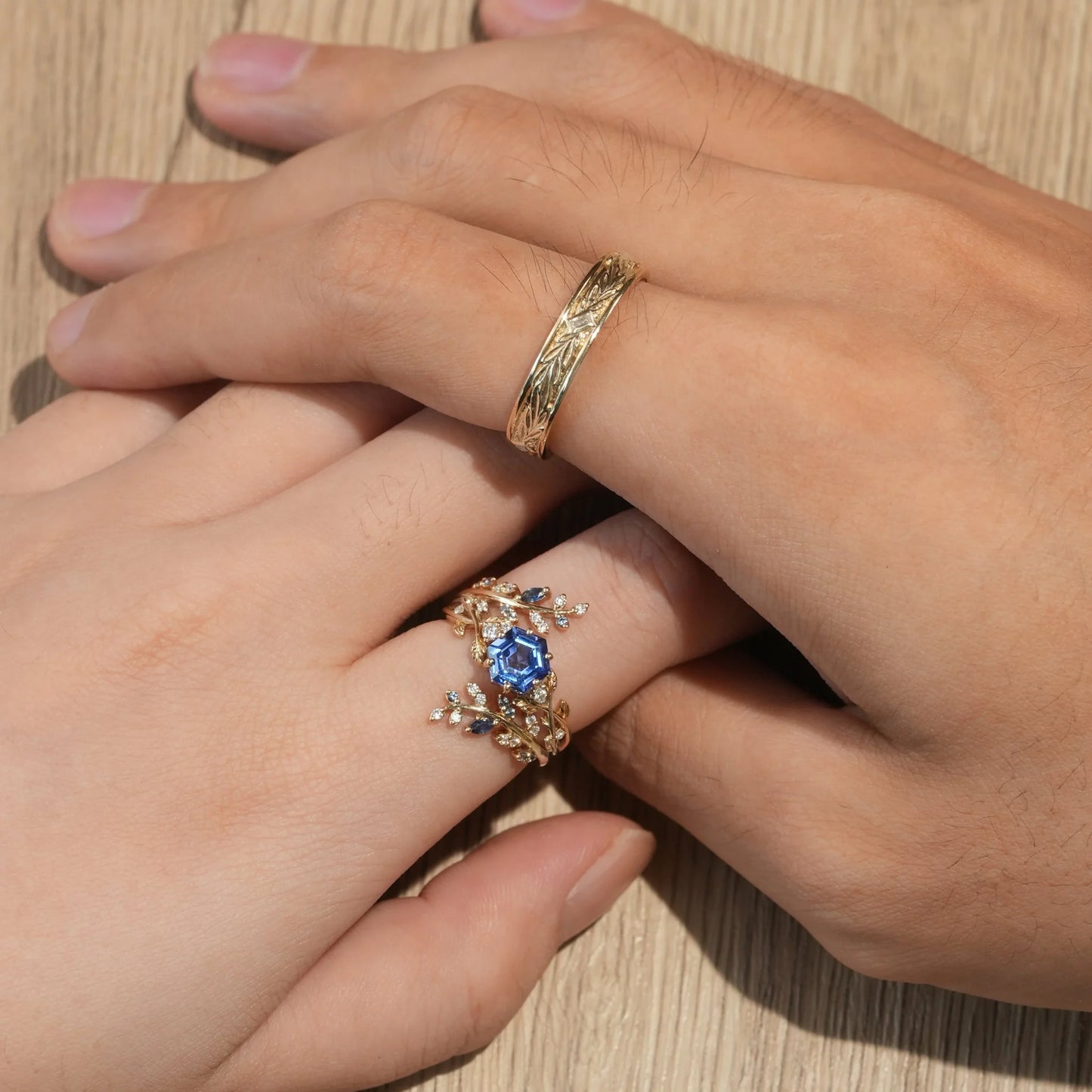 Hexagon Sapphire Vine Ring and Baguette cut moissanite Men's Band - Cherished Moments