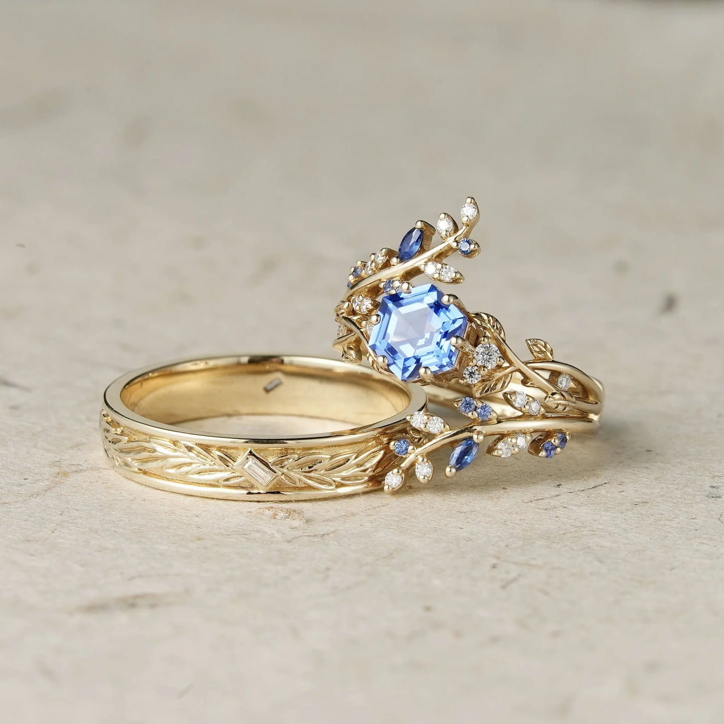 Hexagon Sapphire Vine Ring and Baguette cut moissanite Men's Band - Cherished Moments