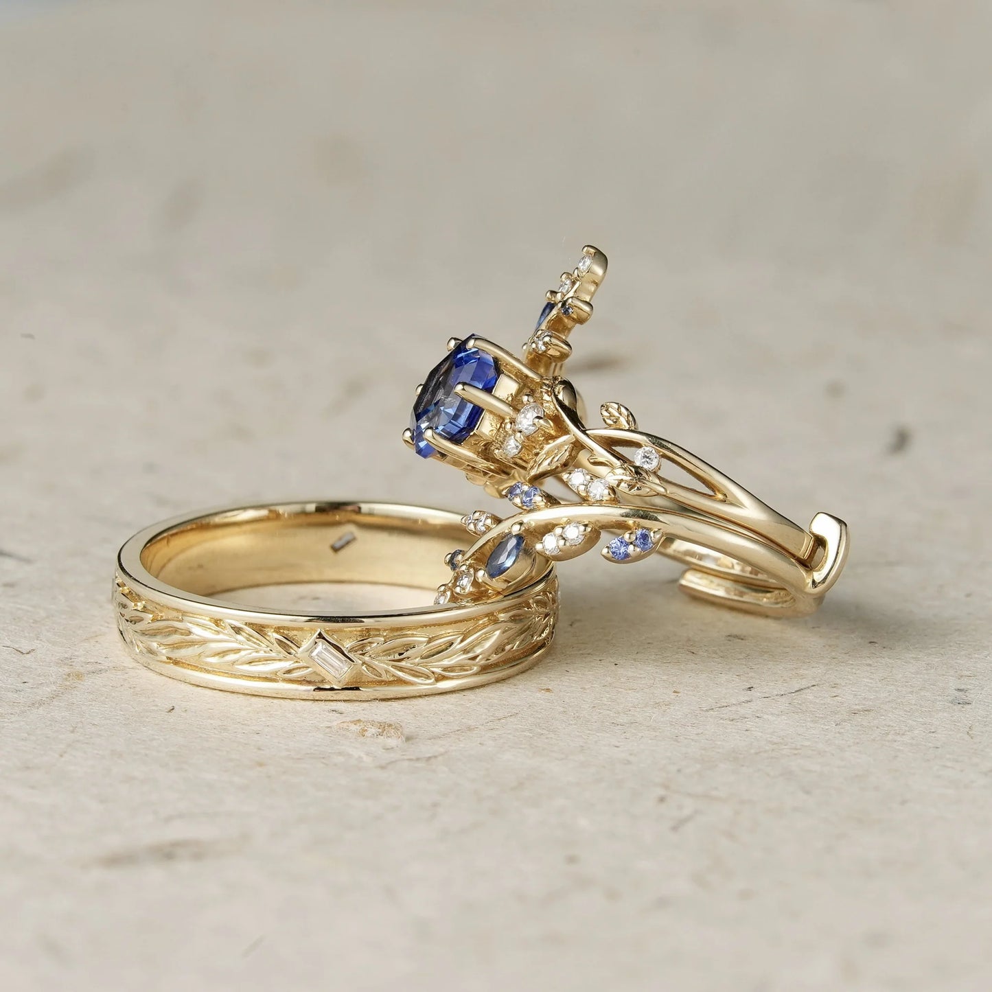 Hexagon Sapphire Vine Ring and Baguette cut moissanite Men's Band - Cherished Moments