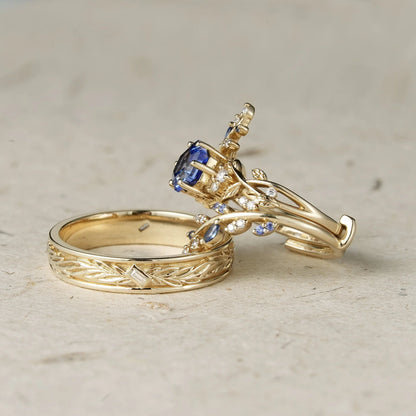 Hexagon Sapphire Vine Ring and Baguette cut moissanite Men's Band - Cherished Moments
