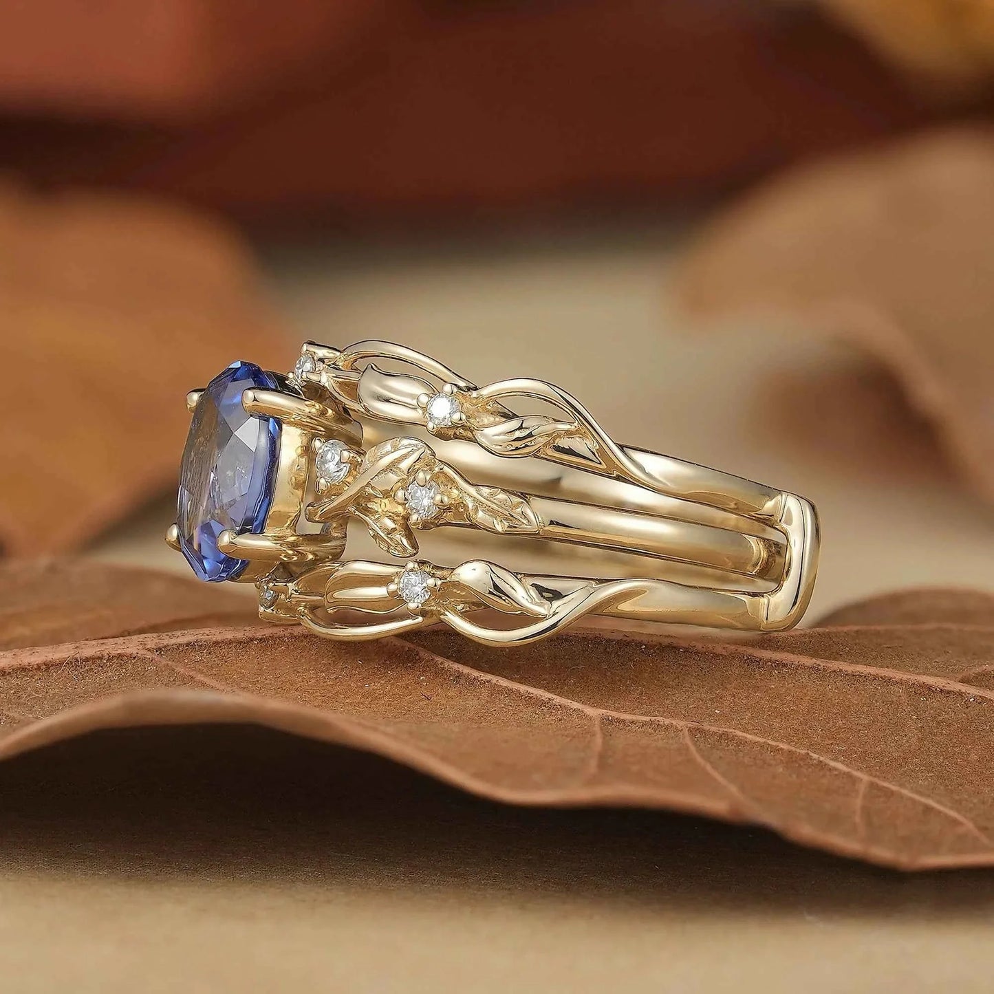 Hidden Garden Gems:Cornflower Sapphire & Moissanite Ring Set-Theodora