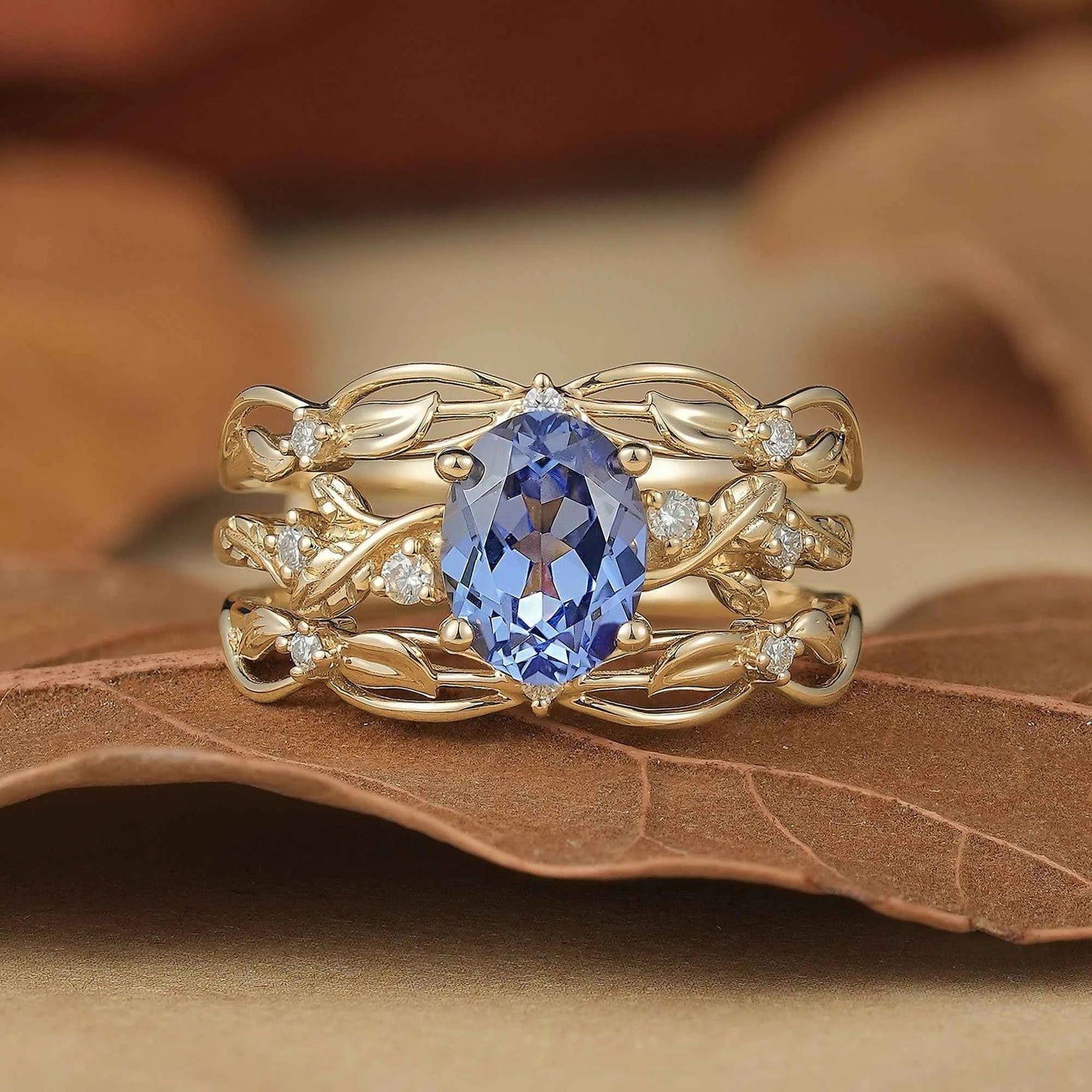 Hidden Garden Gems:Cornflower Sapphire & Moissanite Ring Set-Theodora