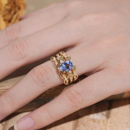 Hidden Garden Gems:Cornflower Sapphire & Moissanite Ring Set-Theodora