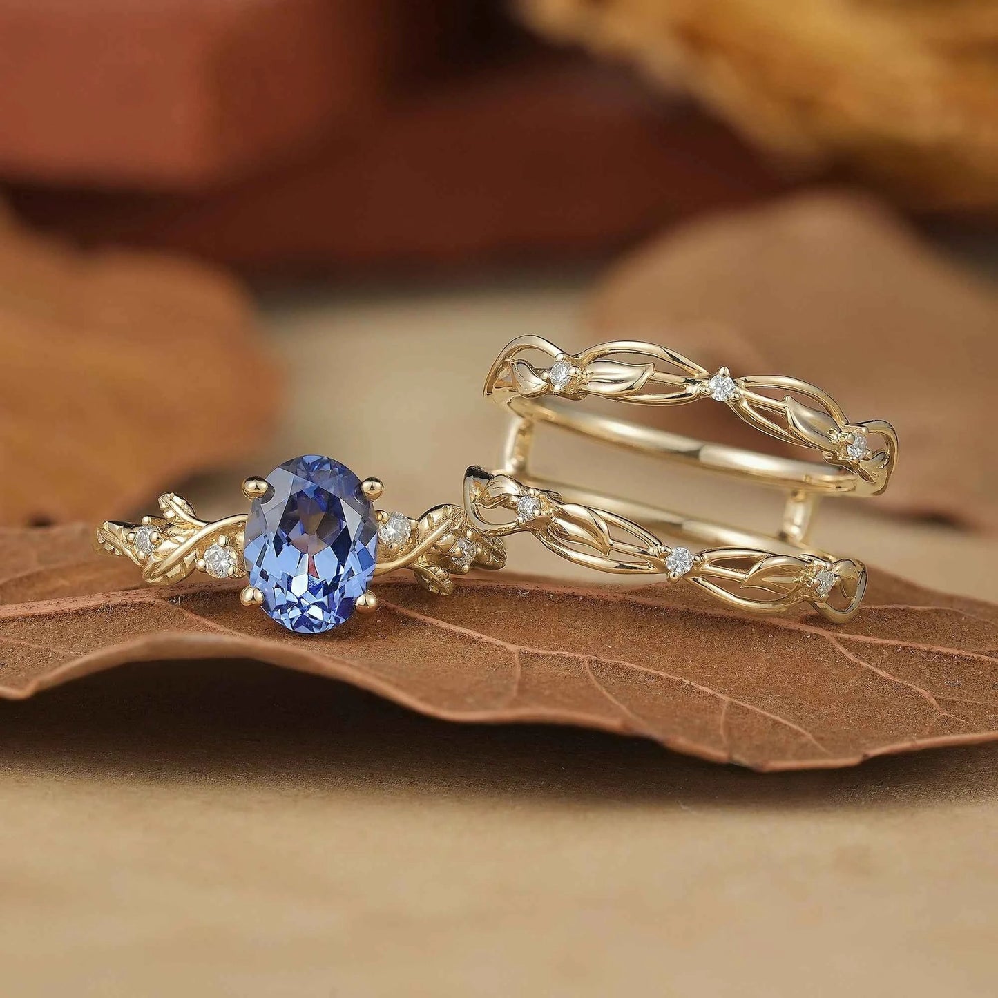 Hidden Garden Gems:Cornflower Sapphire & Moissanite Ring Set-Theodora