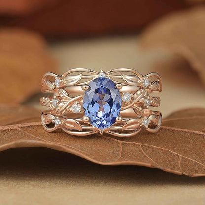 Hidden Garden Gems:Cornflower Sapphire & Moissanite Ring Set-Theodora